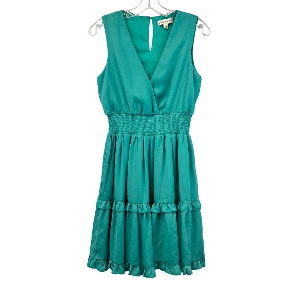She + Sky Womens Sleeveless V-Neck Ruffle A-Line Knee Length Dress Turquoise S